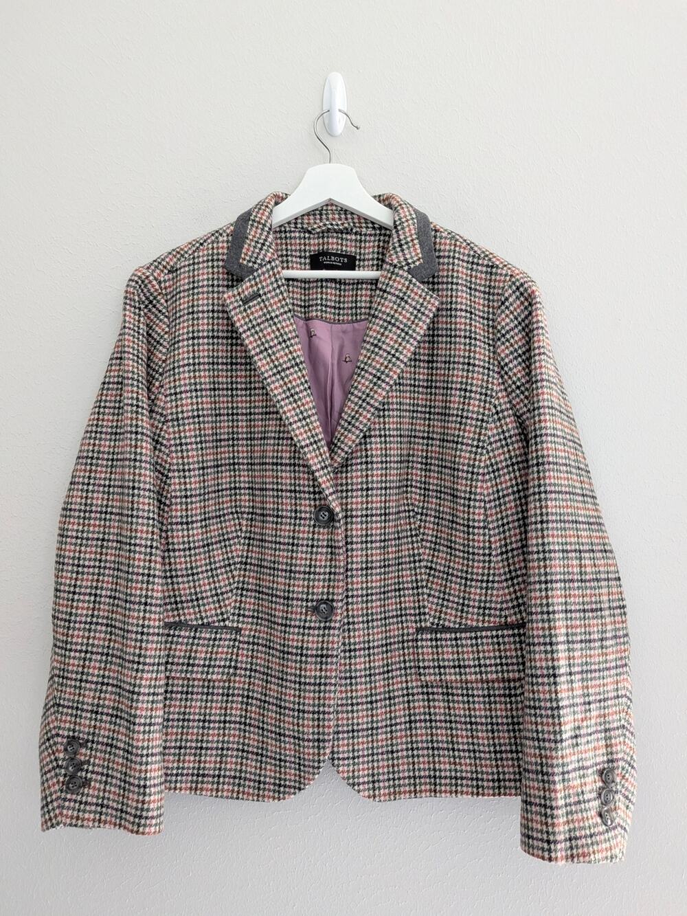 NWOT Talbots Shetland Wool Houndstooth Blazer Jacket Size 12WP Owl Print Lining